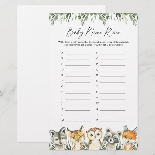 Woodland Animals Baby shower Name Race Game (Voorkant / Achterkant)