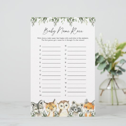 Woodland Animals Baby shower Name Race Game (Staand voorkant)
