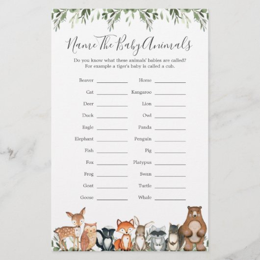 Woodland Animals Baby shower Noem de Baby Animals (Voorkant)