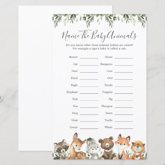 Woodland Animals Baby shower Noem de Baby Animals (Voorkant / Achterkant)