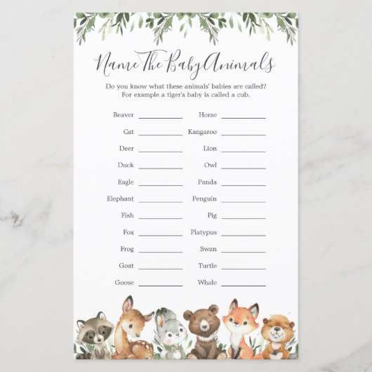 Woodland Animals Baby shower Noem de Baby Animals (Voorkant)