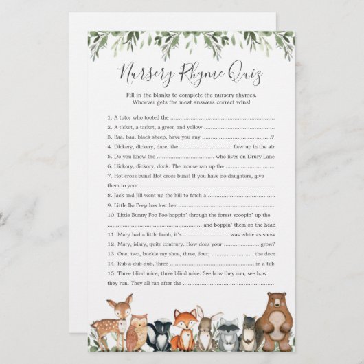 Woodland Animals Baby shower Nursery Rhyme Quiz (Voorkant / Achterkant)
