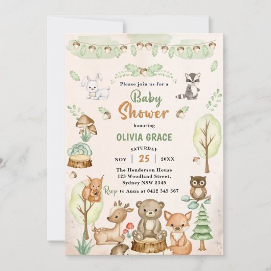 Woodland Animals Baby shower Party Kaart (Voorkant)