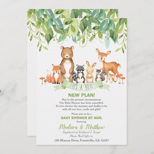 Woodland Animals Baby shower per Mail Greenery Boy Kaart (Voorkant / Achterkant)
