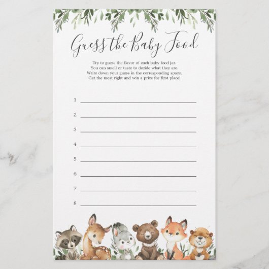 Woodland Animals Baby shower raadt het Baby voedse (Voorkant)