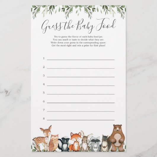 Woodland Animals Baby shower raadt het Baby voedse (Voorkant)