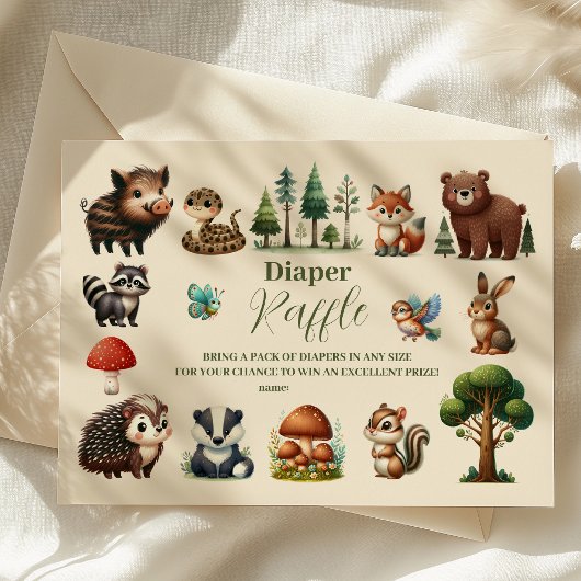 Woodland Animals Baby shower Raffle Diapper Informatiekaartje