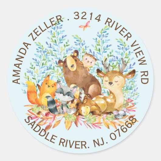 Woodland Animals Baby shower retouradreslabel Ronde Sticker (Voorkant)