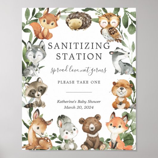 Woodland Animals Baby shower Sanitizing Station Poster (Voorkant)
