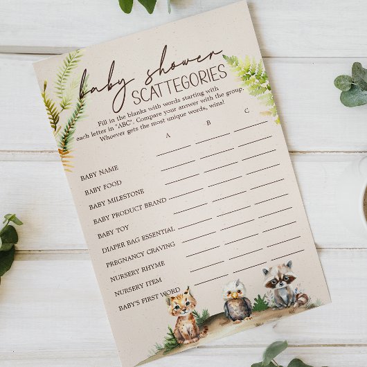 Woodland Animals Baby shower Scattegories spel Flyer