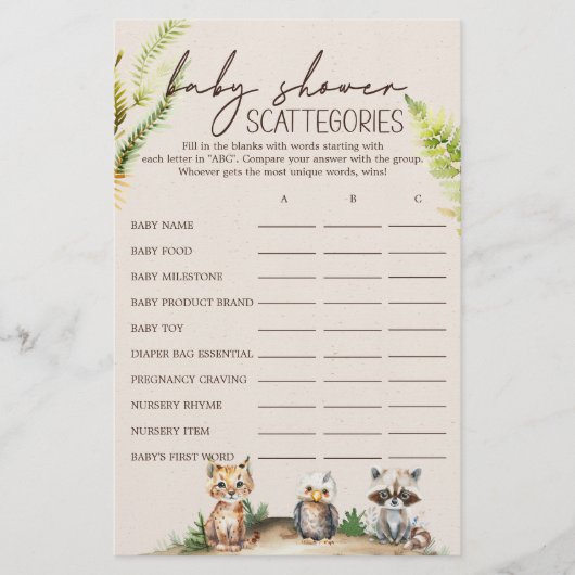 Woodland Animals Baby shower Scattegories spel Flyer (Voorkant)