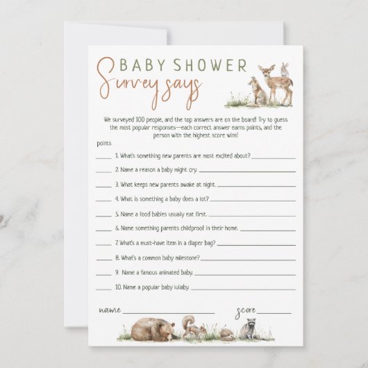 Woodland Animals Baby shower Survey zegt Kaart (Voorkant)