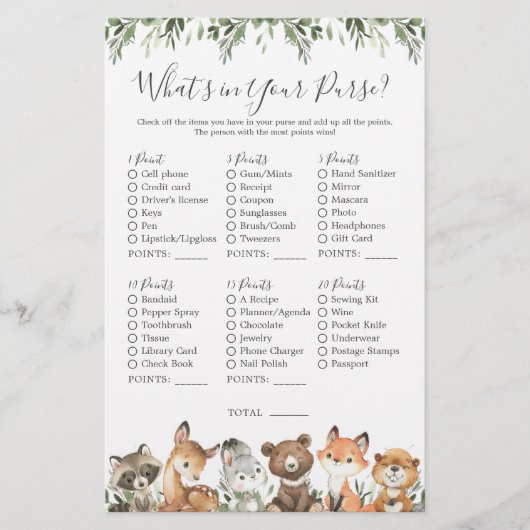 Woodland Animals Baby shower Wat zit er in je tas (Voorkant)