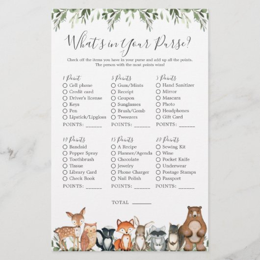 Woodland Animals Baby shower Wat zit er in je tas (Voorkant)