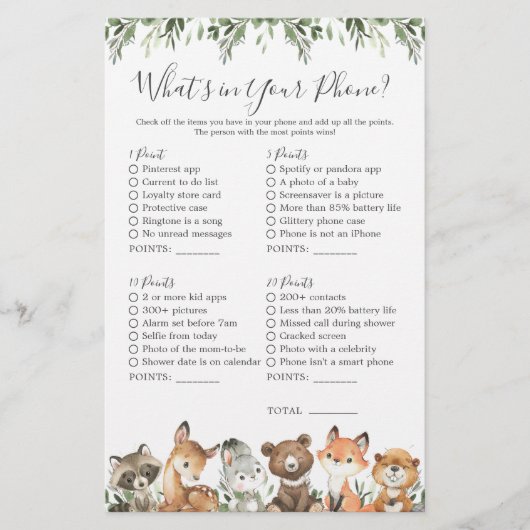 Woodland Animals Baby shower Wat zit er in je tele (Voorkant)