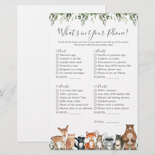 Woodland Animals Baby shower Wat zit er in je tele (Voorkant / Achterkant)