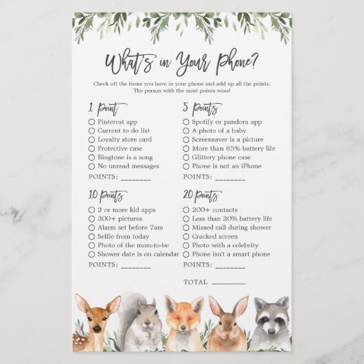 Woodland Animals Baby shower Wat zit er in je tele (Voorkant)