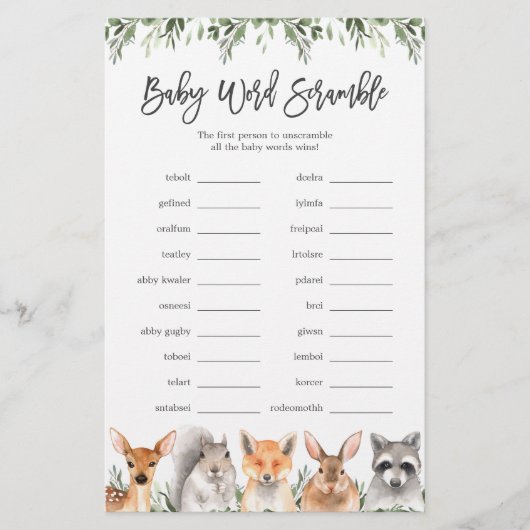 Woodland Animals Baby shower Word Scramble Game (Voorkant)