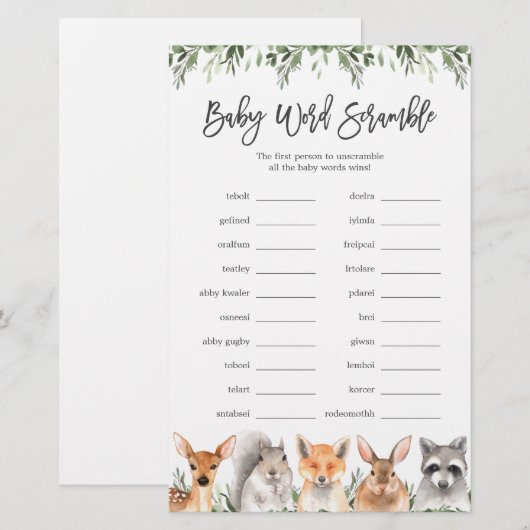 Woodland Animals Baby shower Word Scramble Game (Voorkant / Achterkant)