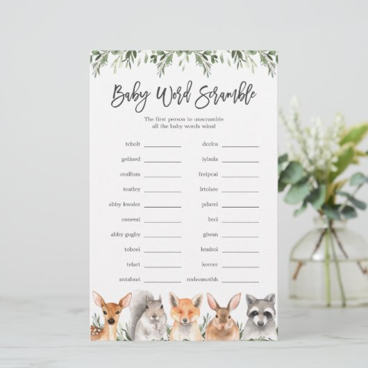 Woodland Animals Baby shower Word Scramble Game (Staand voorkant)