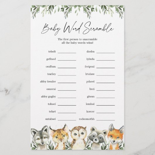 Woodland Animals Baby shower Word Scramble Game (Voorkant)