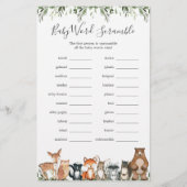 Woodland Animals Baby shower Word Scramble Game (Voorkant)