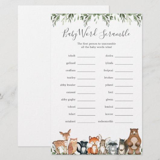 Woodland Animals Baby shower Word Scramble Game (Voorkant / Achterkant)