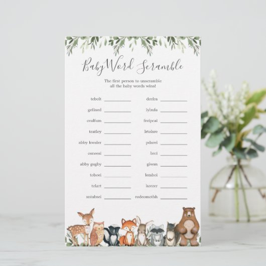 Woodland Animals Baby shower Word Scramble Game (Staand voorkant)