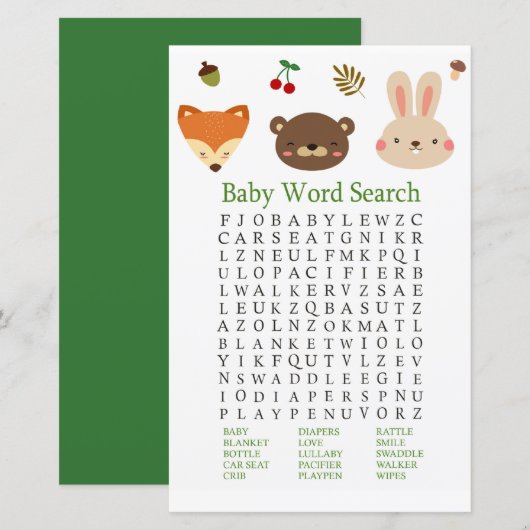 Woodland animals Baby shower Word Search Game (Voorkant / Achterkant)