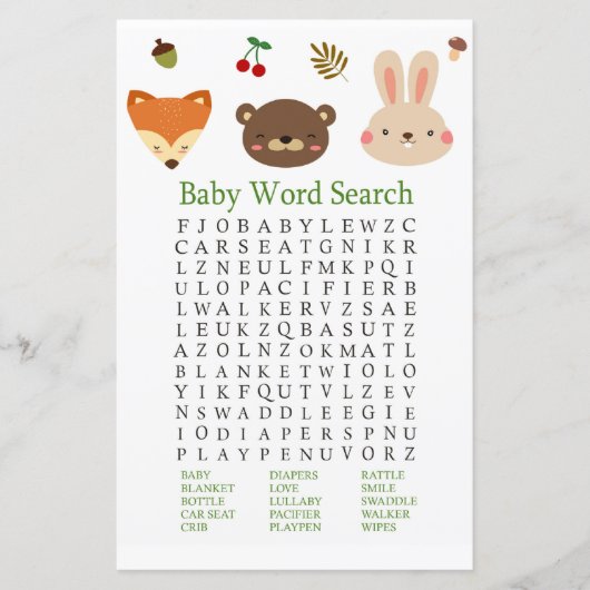 Woodland animals Baby shower Word Search Game (Voorkant)