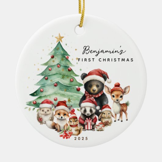 Woodland Animals Baby's Eerste Kerstmis Keramisch Ornament (Voorkant)