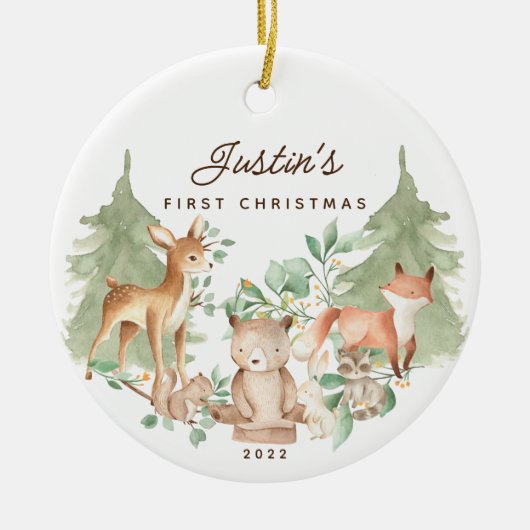 Woodland Animals Baby's Eerste Kerstmis Keramisch Ornament (Voorkant)