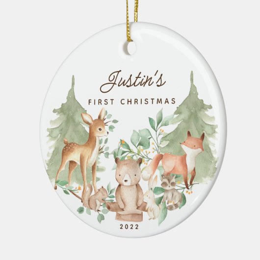Woodland Animals Baby's Eerste Kerstmis Keramisch Ornament (Links)
