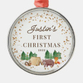 Woodland Animals Baby's Eerste Kerstmis Metalen Ornament (Voorkant)