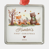Woodland Animals Baby's Eerste Kerstmis Metalen Ornament (Voorkant)