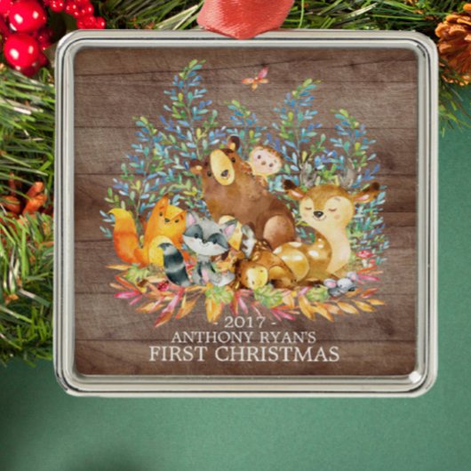 Woodland Animals Baby's Eerste kerstversiering Metalen Ornament