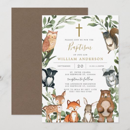 Woodland Animals Baptism/Christening Invitation Kaart (Voorkant / Achterkant)