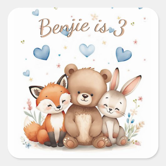 Woodland Animals Bear Fox Bunny Blue Hearts Boy Vierkante Sticker (Voorkant)