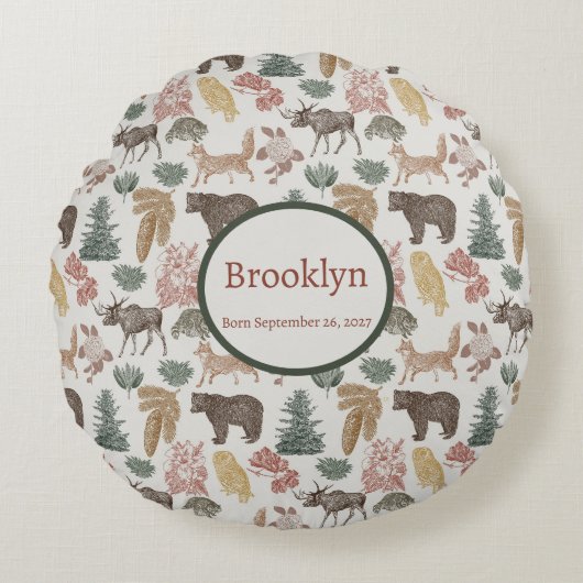 Woodland Animals-Beren, Uil, Moose-Rustic Nursery Rond Kussen (Voorkant)