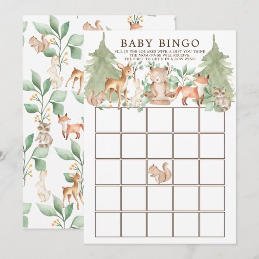 Woodland Animals BINGO Baby shower Game Kaart (Voorkant / Achterkant)