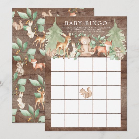 Woodland Animals BINGO Baby shower Game Kaart (Voorkant / Achterkant)