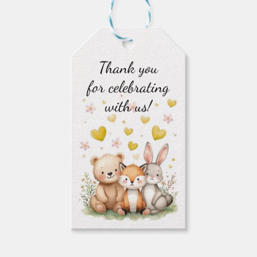 Woodland Animals Birthday Bear Fox Bunny Yellow Cadeaulabel (Voorkant)