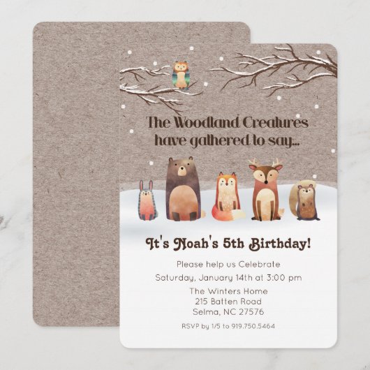 Woodland Animals Birthday Invitation Kaart (Voorkant / Achterkant)