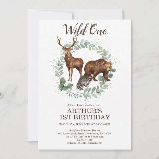 Woodland Animals Birthday Invitation, Wild One Aankondiging (Voorkant)