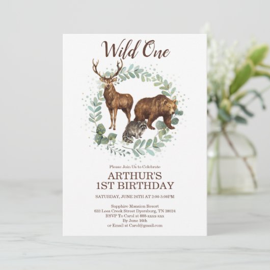Woodland Animals Birthday Invitation, Wild One Aankondiging (Staand voorkant)