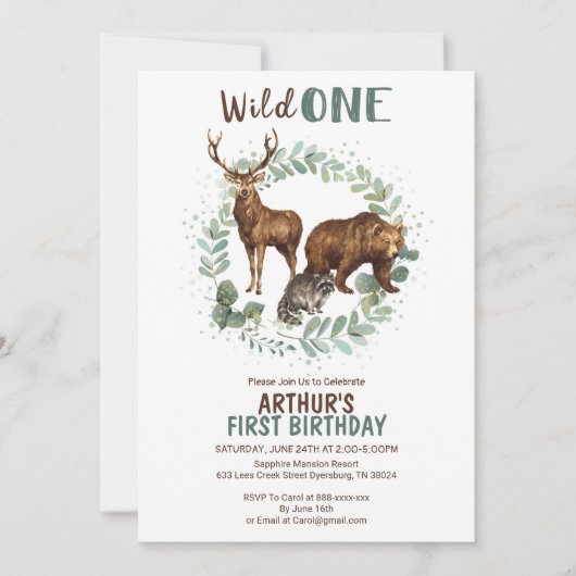 Woodland Animals Birthday Invitation, Wild One Aankondiging (Voorkant)