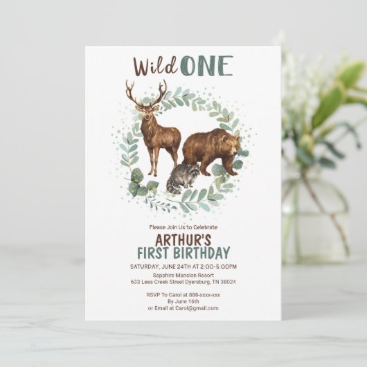 Woodland Animals Birthday Invitation, Wild One Aankondiging (Staand voorkant)