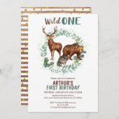 Woodland Animals Birthday Invitation, Wild One Aankondiging (Voorkant / Achterkant)