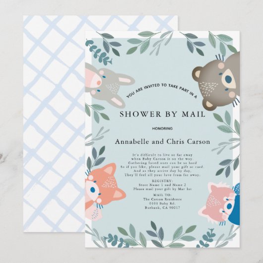 Woodland Animals Blue Boy Baby shower per post Kaart (Voorkant / Achterkant)