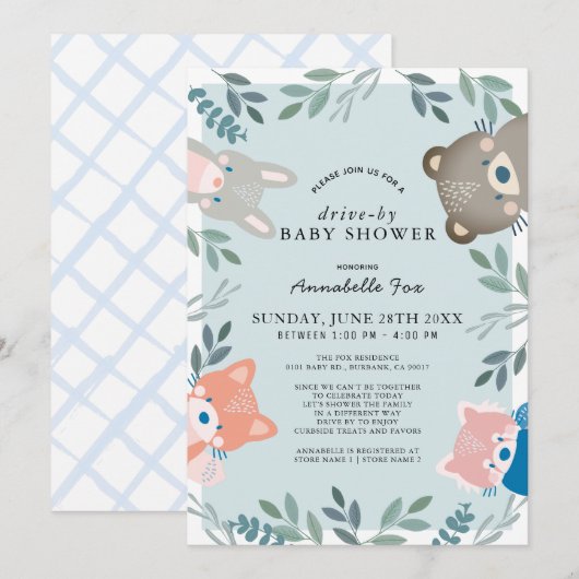 Woodland Animals Blue Boy Drive-by Baby shower Kaart (Voorkant / Achterkant)